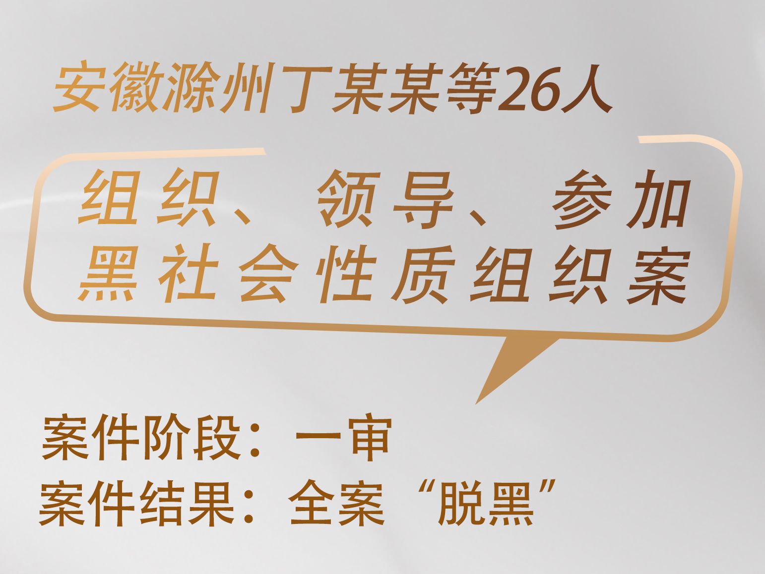 高文龙、胡佼松、刘祚良律师承办： 安徽滁州丁某某等 26 人组织、领导、参加黑社会性质组织案获全案“脱黑”